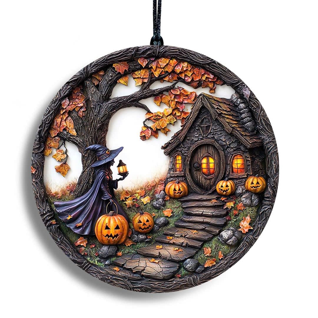 Halloween Stained Glass Window Ornament, Witch Scene with Pumpkins, Acrylic Hanging Suncatcher, Round Wall Art Decor, Witchy Ornament for Home Friends and Family (Two Girls)